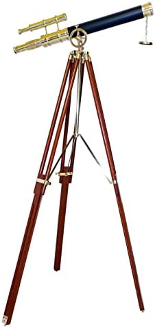 Maritime Brass Double Barrel Telescope Floor Standing Decor With Wooden Tripod