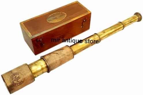 Antique 1920s Brass Telescope Spyglass with Wooden Box