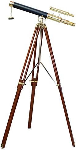 Maritime Brass Double Barrel Telescope Floor Standing Decor With Wooden Tripod