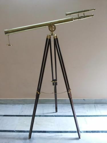 Antique Nautical Brass Telescope with Wooden Tripod Stand