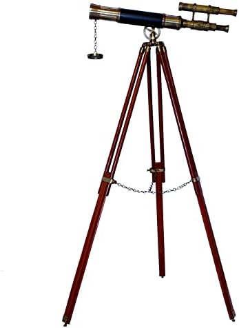 Nautical Antique Brass Double Barrel Spyglass Telescope with Wooden Tripod