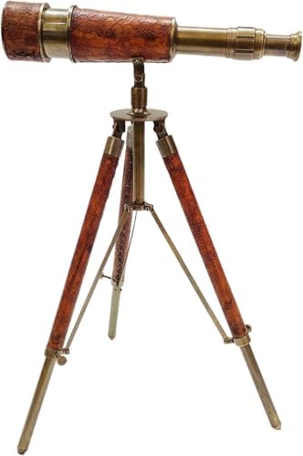 Brass Telescope Single Barrel Adjustable Wooden Tripod Vintage Nautical Spyglass