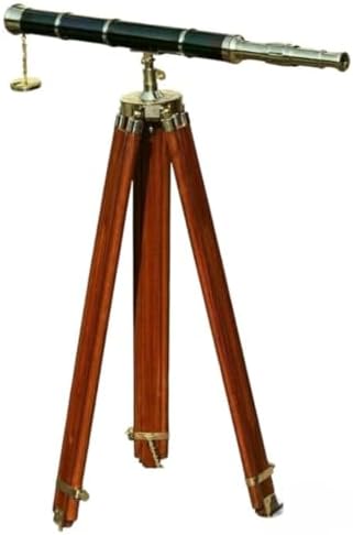 Antique Avenue 39 Inch Brass Leather Telescope with Wooden Stand