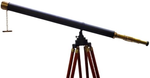 Vintage Wooden Tripod Telescope with Brass Finish