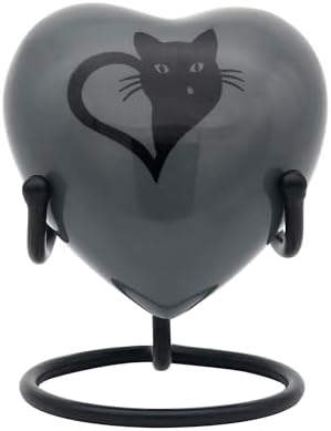 Black Cat Heart Urn for Pet Ashes with Stand