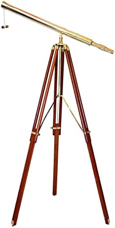 Vintage Floor Standing Brass Telescope with Brown Wooden Tripod