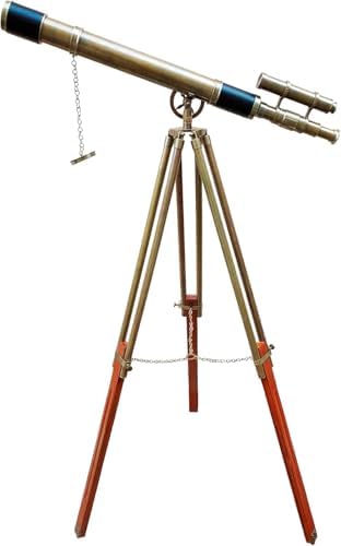 Vintage Ship Marine Telescope with Brown Wooden Tripod Stand