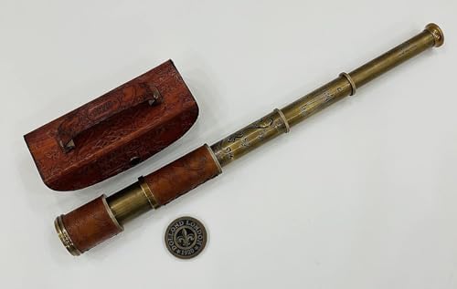 Antique Brass Telescope with Leather Case Handheld Nautical Decor