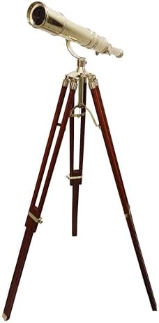 Nautical Brass Telescope with Wooden Tripod and Chrome Compass