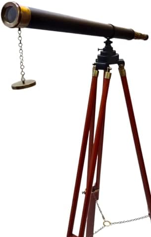 Vintage Wooden Tripod Telescope with Brass Finish