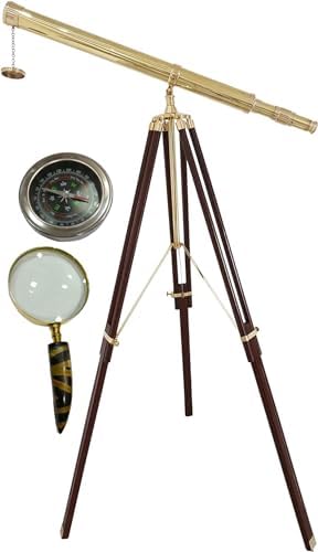 Vintage Floor Standing Brass Telescope with Brown Wooden Tripod