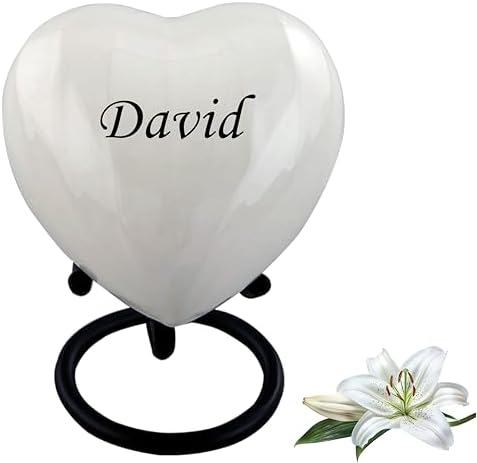 Personalized Heart Keepsake Urn - Mini Cremation Urn for Ashes - Infant Pet Urn - Display Stand Included - Pearl White