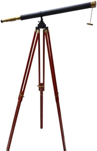 Vintage Wooden Tripod Telescope with Brass Finish