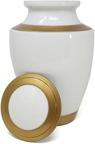 White Cremation Urn with Gold Metal Accent - Large Adult Urn