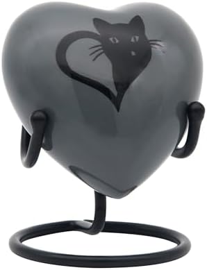 Black Cat Heart Urn for Pet Ashes with Stand