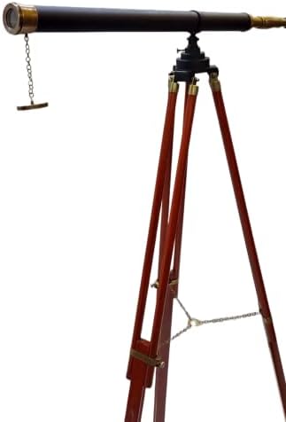 Vintage Wooden Tripod Telescope with Brass Finish