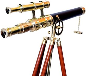 Maritime Brass Double Barrel Telescope Floor Standing Decor With Wooden Tripod