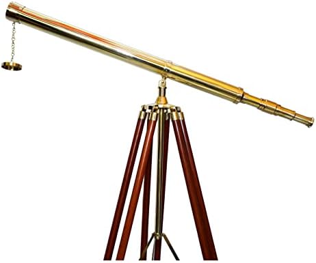 Vintage Floor Standing Brass Telescope with Brown Wooden Tripod