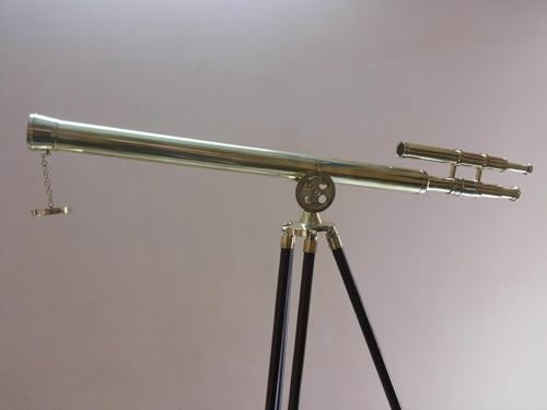 Antique Nautical Brass Telescope with Wooden Tripod Stand