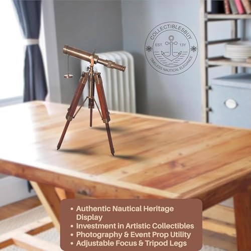 Vintage Nautical Brass Telescope with Wooden Tripod