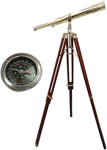 Nautical Brass Telescope with Wooden Tripod and Chrome Compass
