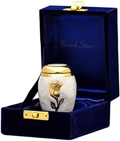 Small Funeral Cremation Urn White Pearl Gold Rose Flower Miniature Memorial Keepsake