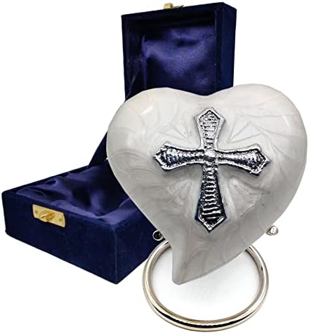 Handcrafted White Heart Shaped Cremation Urn with Stand and Gift Box