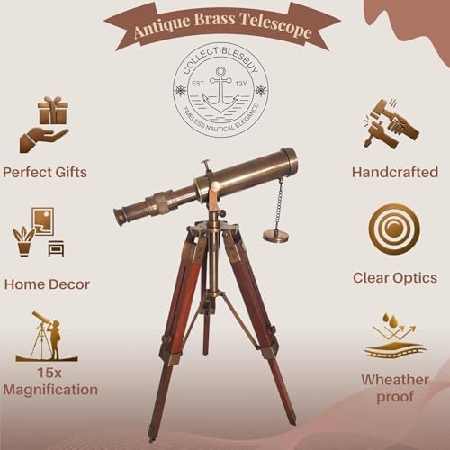 Vintage Nautical Brass Telescope with Wooden Tripod