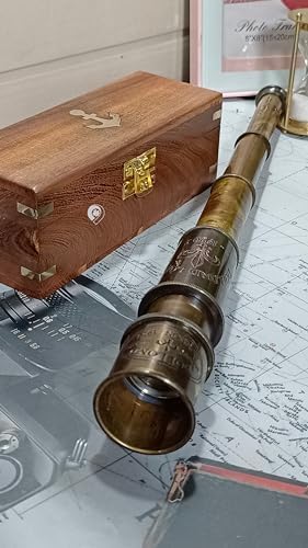 Antique Telescope 18 Inch Brass Pirate Spyglass with Wooden Box