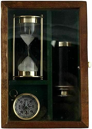 Antique Brass Pirate Compass Telescope Timer with Wooden Box