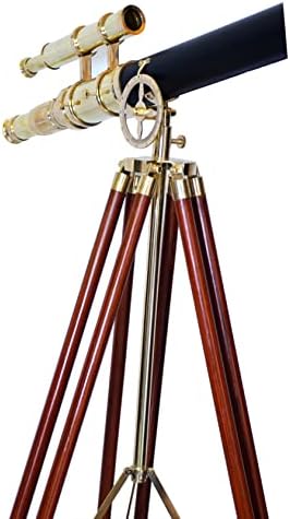 Maritime Brass Double Barrel Telescope Floor Standing Decor With Wooden Tripod