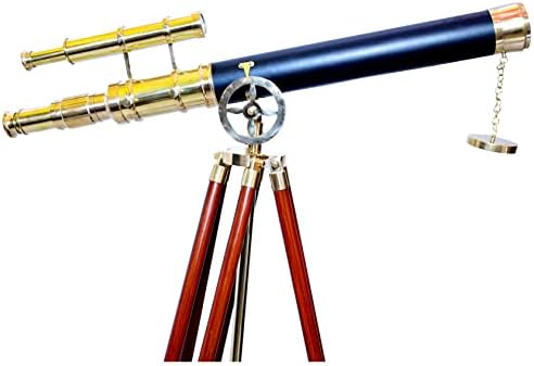 Maritime Brass Double Barrel Telescope Floor Standing Decor With Wooden Tripod