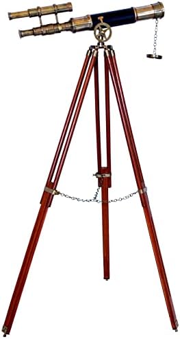 Nautical Antique Brass Double Barrel Spyglass Telescope with Wooden Tripod