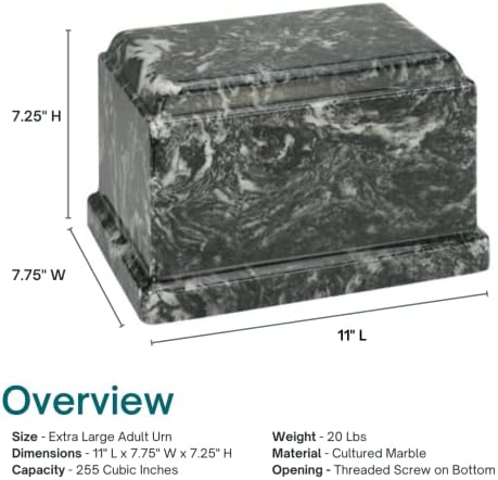 Ebony Cultured Marble Cremation Urn for Ashes Black Extra Large