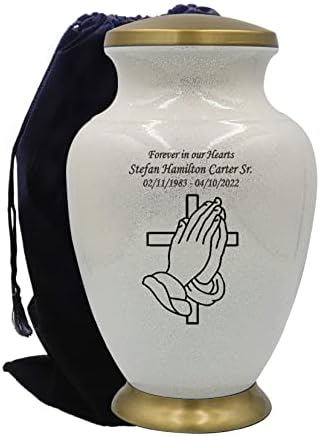 Praying Hands and Cross Cremation Urn with Personalization and Velvet Bag