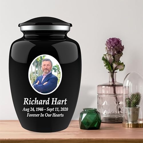 Personalized Photo Cremation Urn with Engraving - 200lbs Capacity Black Velvet Bag