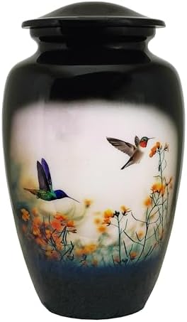 Handcrafted Memorial Urn with Secure Lid Black Hummingbird Design