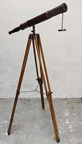 Vintage Double Barrel Telescope with Teak Tripod Stand