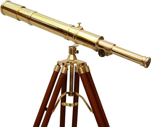 Nautical Brass Telescope with Wooden Tripod and Chrome Compass