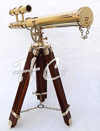 Marine Nautical Navy Brass Double Barrel Telescope with Wooden Tripod Stand