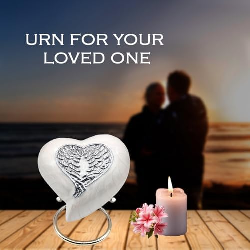 Handcrafted White Heart Urn with Angel Wings