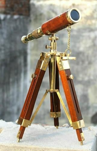Antique Nautical Brass Telescope With Leather Covering and Wooden Tripod Stand