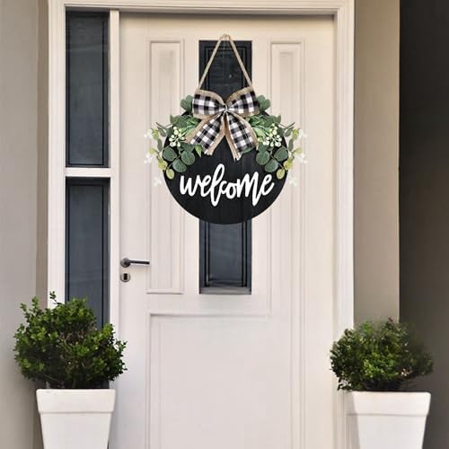 Welcome Door Sign Rustic Round Wood Wreath with Faux Greenery and Bow