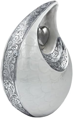 White Teardrop Cremation Urn with Silver Heart and Velvet Bag