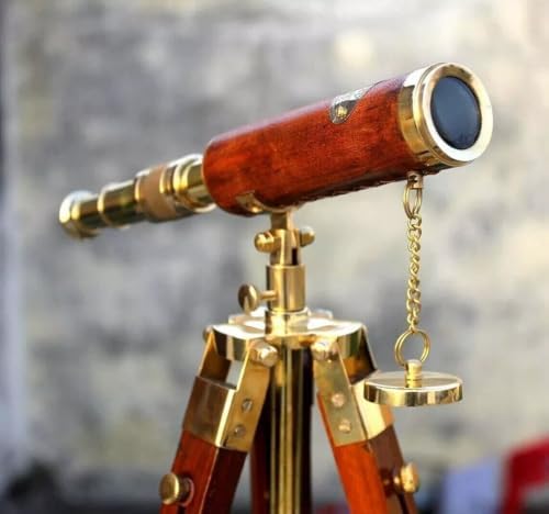 Antique Nautical Brass Telescope With Leather Covering and Wooden Tripod Stand