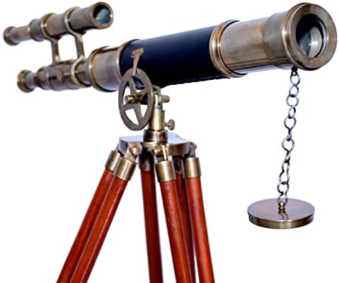 Nautical Antique Brass Double Barrel Spyglass Telescope with Wooden Tripod