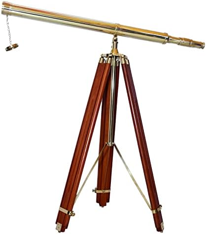 Vintage Floor Standing Brass Telescope with Brown Wooden Tripod
