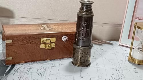 Antique Telescope 18 Inch Brass Pirate Spyglass with Wooden Box