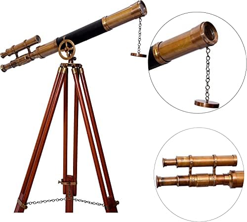 Double Barrel Antique Telescope with Wooden Tripod Stand