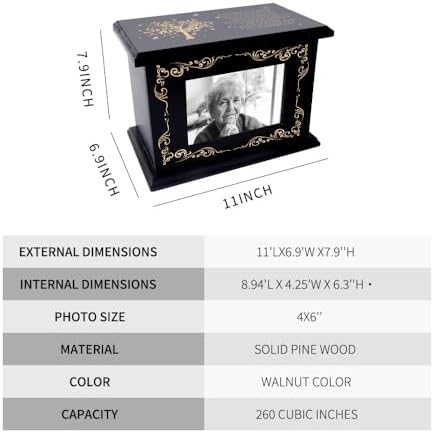 Cremation Urn for Human Ashes with Photo Frame - Wooden Urn Black Tree
